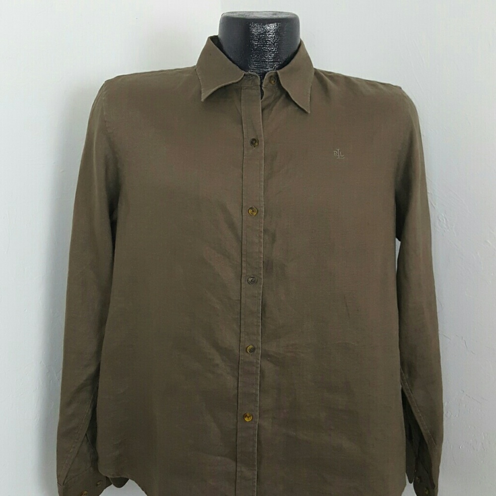 Lauren Ralph Lauren linen green long sleeve solid button down women size M - Picture 2 of 7